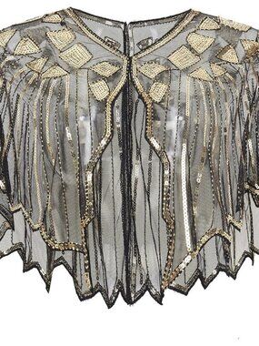 Women Sequin Beaded Evening flapper Cape 1920s Shawl Wraps (Gold)